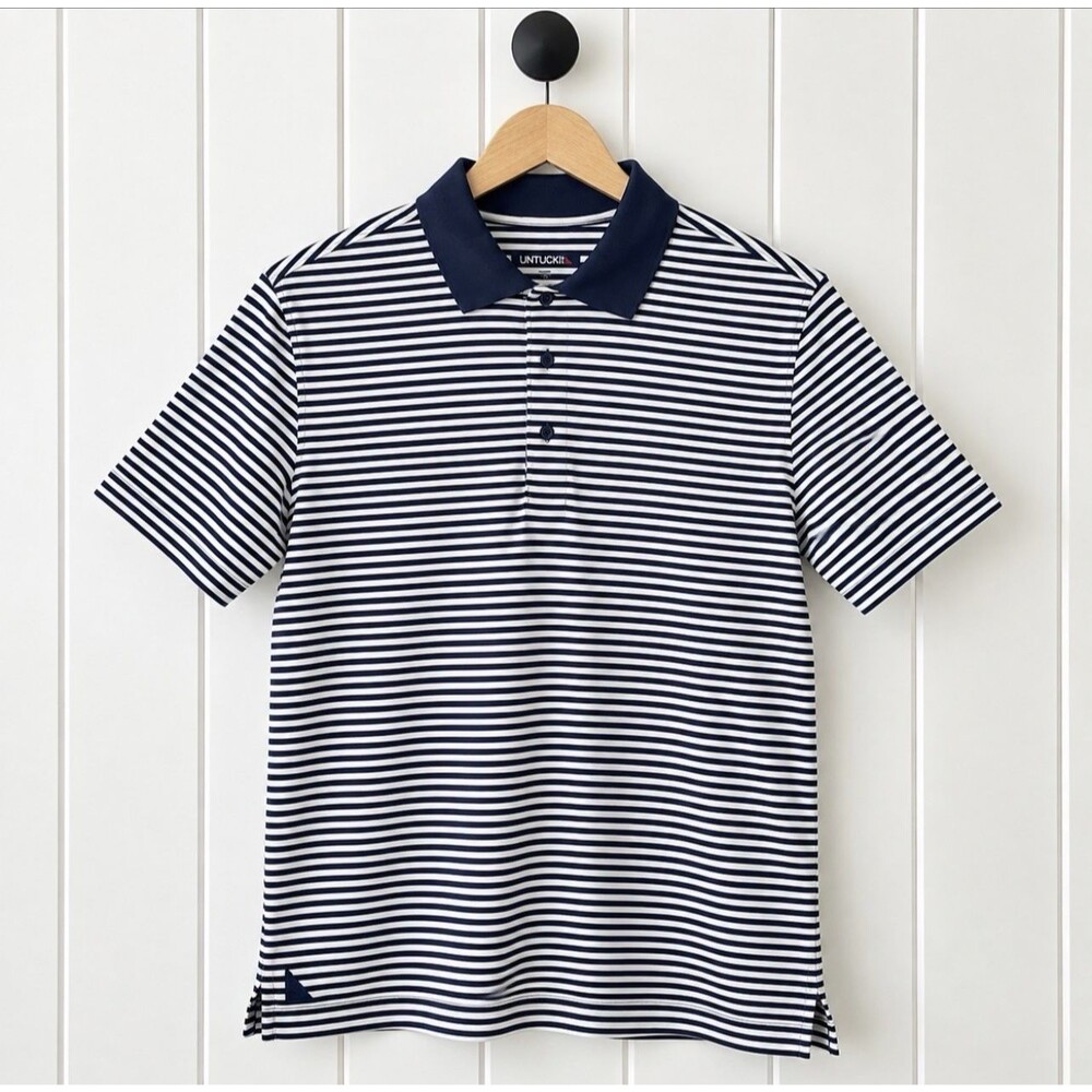 Untuckit Men's Small Navy White Striped Polo Shirt Stretch Performance NWOT